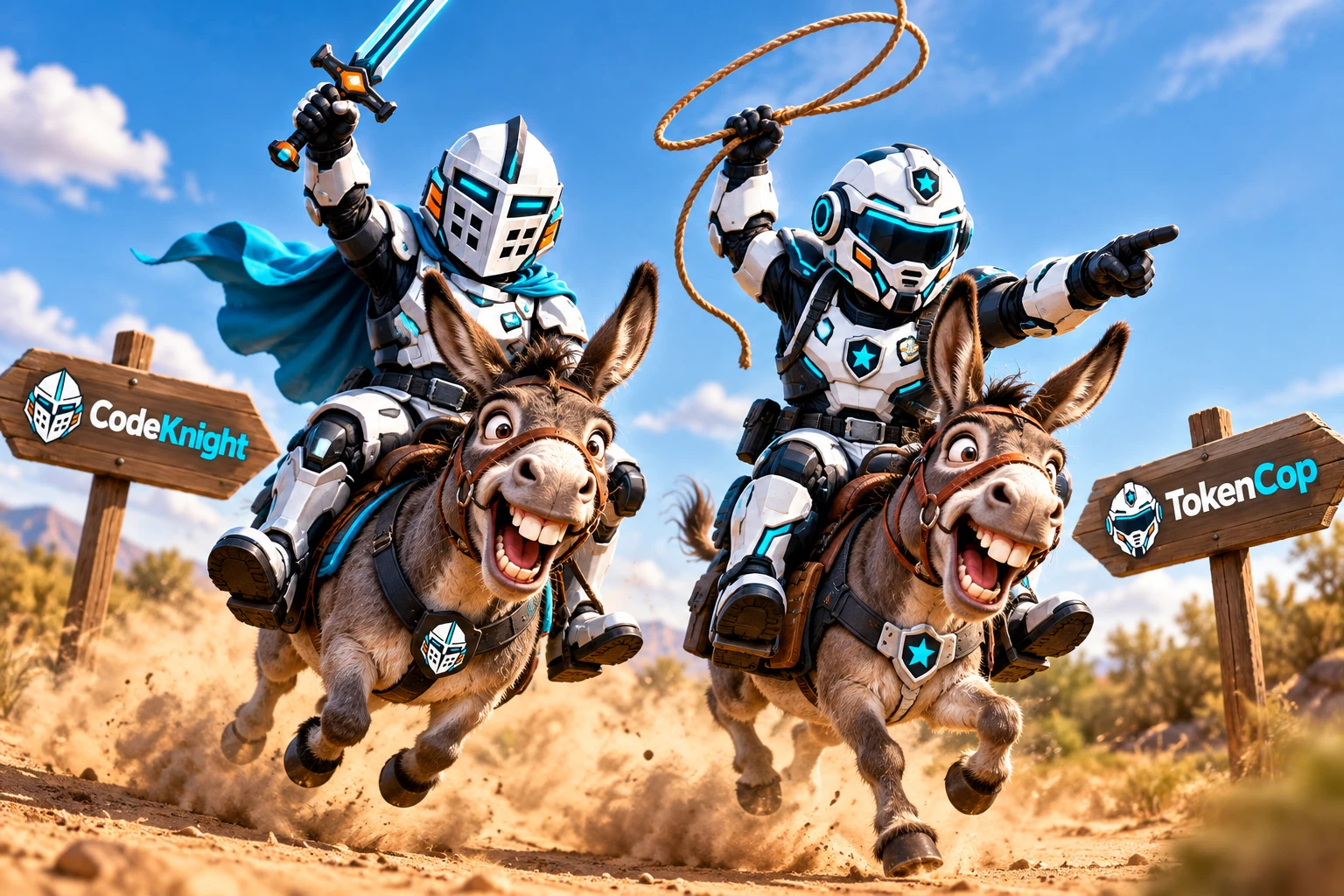 CodeKnight, a knight with a sword, and TokenCop, a sheriff with a lasso, racing on grinning donkeys past their signposts